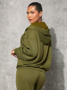 SHEINNeu Embroidery Letter Drop Shoulder Zip Up Hoodie - Olive Green - View 2