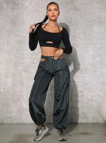 SHEINNeu Cut Out Waist Flap Pocket Drawstring Hem Cargo Trousers - Dark Grey - View 6