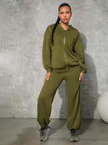 SHEINNeu Embroidery Letter Drop Shoulder Zip Up Hoodie - Olive Green - View 3