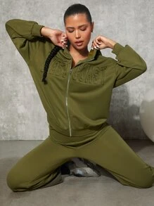 SHEINNeu Embroidery Letter Drop Shoulder Zip Up Hoodie - Olive Green - View 4