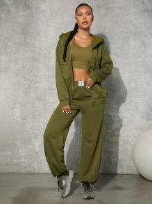 SHEINNeu Embroidery Letter Drop Shoulder Zip Up Hoodie - Olive Green - View 5