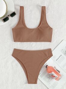 羅紋比基尼套裝背心上衣和泳衣下裝2入組泳衣 - 杏色 - 查看 3