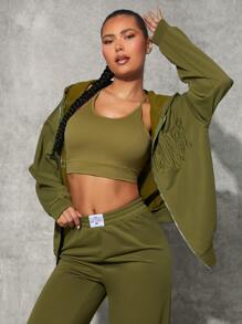 SHEINNeu Embroidery Letter Drop Shoulder Zip Up Hoodie - Olive Green - View 6