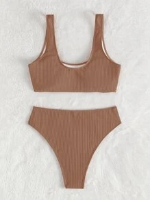 羅紋比基尼套裝背心上衣和泳衣下裝2入組泳衣 - 杏色 - 查看 4