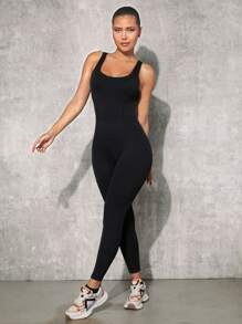 VARSITIE 素色大圓領扭結露背運動連體褲