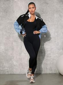 VARSITIE 素色大圓領扭結露背運動連體褲