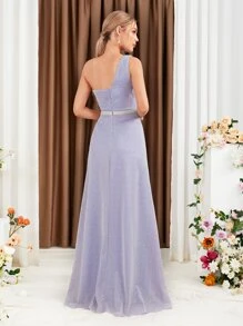 單肩褶邊高衩金屬亮絲伴娘洋裝