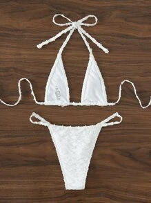 SHEIN Swim Halter Micro Triangle Summer Beach Bikini Set - White - View 5