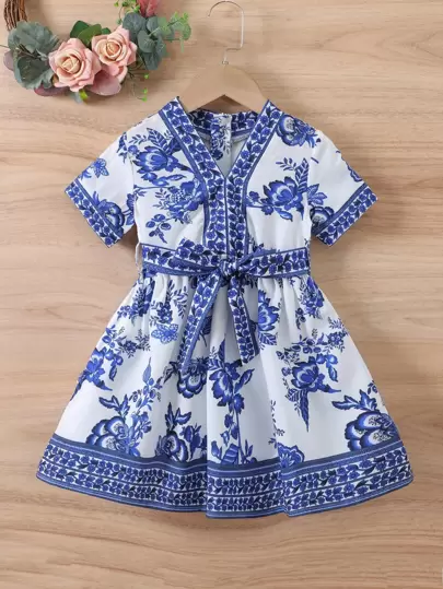 SHEIN 小女童印花繫腰帶連衣裙