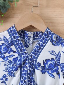 SHEIN 小女童印花繫腰帶連衣裙 - 藍白色 - 查看 4