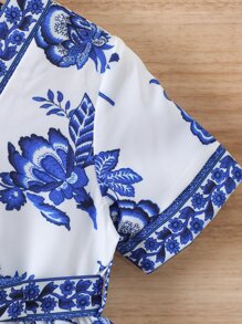 SHEIN 小女童印花繫腰帶連衣裙 - 藍白色 - 查看 5