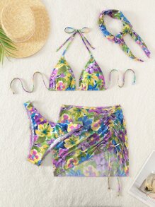 SHEIN Swim 夏日沙灘花卉印花三角比基尼套裝，配沙灘裙和頭巾 - 彩色 - 查看 1