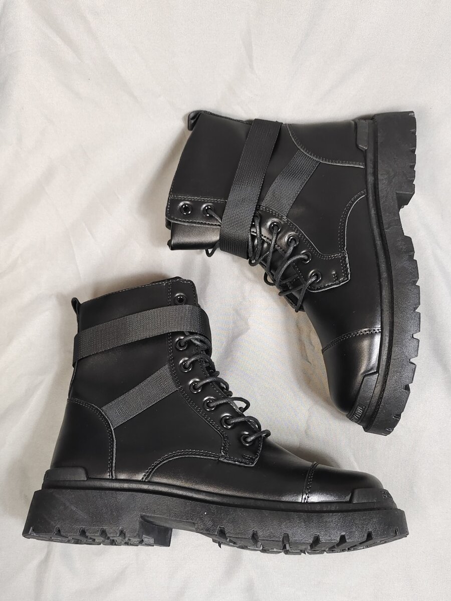 Men Buckle Decor Lace Up Front Combat Boots - Black - View 1