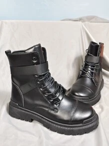Men Buckle Decor Lace Up Front Combat Boots - Black - View 3