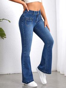 Patched Pocket Flare Leg Jeans - Dark Wash - View 1