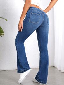 Patched Pocket Flare Leg Jeans - Dark Wash - View 2