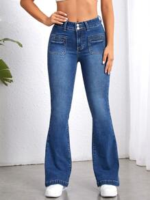 Patched Pocket Flare Leg Jeans - Dark Wash - View 4