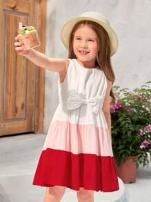SHEIN Toddler Girls 1pc Colourblock Bow Front Ruffle Hem Dress - Multicolor - View 4