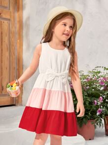 SHEIN Toddler Girls 1pc Colourblock Bow Front Ruffle Hem Dress - Multicolor - View 3