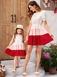 SHEIN Toddler Girls 1pc Colourblock Bow Front Ruffle Hem Dress - Multicolor - View 1