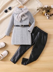 Niñitas Pullover unicolor tejido de canalé & Pantalones PU & Accesorio Pañuelo - Gris - Ver 1