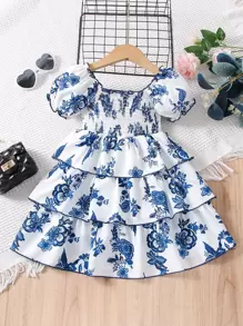 SHEIN 女小童藍白色圖案洋裝帶圓形領口和泡泡袖適合夏天