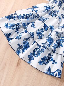 SHEIN 女小童藍白色圖案洋裝帶圓形領口和泡泡袖適合夏天