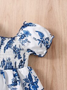SHEIN 女小童藍白色圖案洋裝帶圓形領口和泡泡袖適合夏天