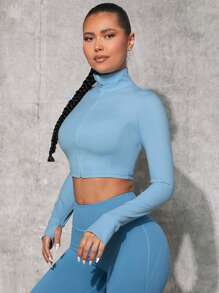 VARSITIE Thumb Holes Crop Sports Jacket - Baby Blue - View 5