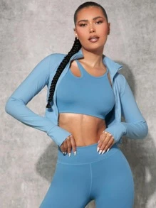 VARSITIE Thumb Holes Crop Sports Jacket - Baby Blue - View 2