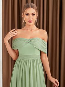 一字肩後綁帶雪紡伴娘連衣裙 - 薄荷綠 - 查看 4