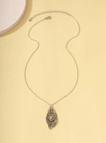 Turquoise Decor Leaf Pendant Necklace - Antique Silver - View 2