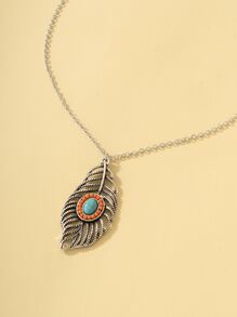 Turquoise Decor Leaf Pendant Necklace - Antique Silver - View 3