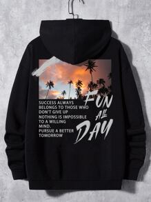 GENTILAND 超大号男士标语和热带印花落肩抽绳连帽衫 - 黑色 - 查看 1