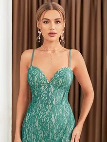 高衩蕾絲吊帶裙伴娘禮服 - 綠色 - 查看 5