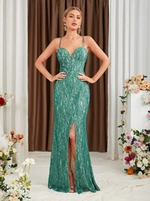 高衩蕾絲吊帶裙伴娘禮服 - 綠色 - 查看 6