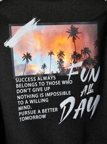 GENTILAND 超大号男士标语和热带印花落肩抽绳连帽衫 - 黑色 - 查看 3