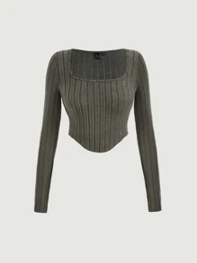 SHEIN MOD Square Neck Asymmetrical Hem Crop Tee - Grey - View 2