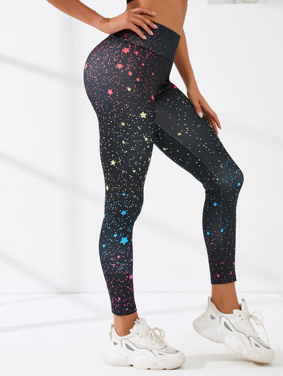 Yoga Funny Star Print Tummy Control Sports Leggings - Black - View 1