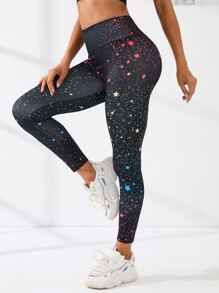 Yoga Funny Star Print Tummy Control Sports Leggings - Black - View 3