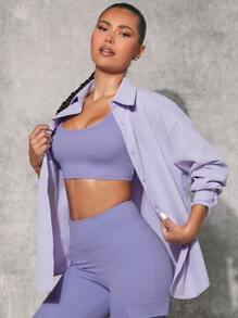 SHEINNeu Solid Drop Shoulder Button Front Shirt - Mauve Purple - View 2