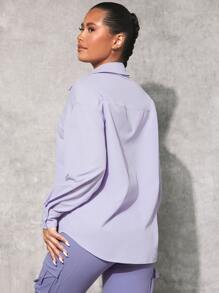 SHEINNeu Solid Drop Shoulder Button Front Shirt - Mauve Purple - View 3