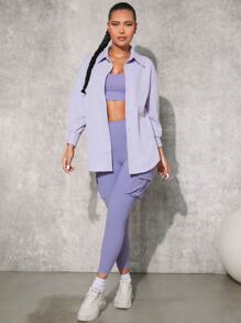 SHEINNeu Solid Drop Shoulder Button Front Shirt - Mauve Purple - View 5