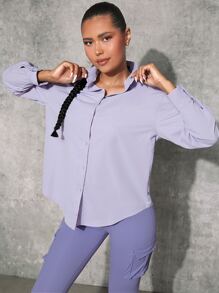 SHEINNeu Solid Drop Shoulder Button Front Shirt - Mauve Purple - View 6