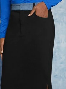 SHEINNeu 下擺開叉素色半身裙 - 黑色 - 查看 5