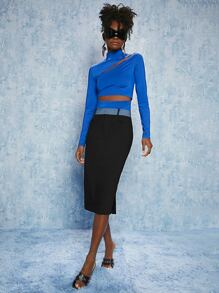 SHEINNeu 下擺開叉素色半身裙 - 黑色 - 查看 1