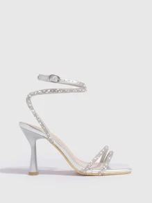 Zapatos de mujer con decoración de diamantes de imitación, sandalias de tacón con correa de tobillo para la primavera y las vacaciones de verano. de verano de zapatos.