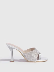 Rhinestone Decor Heeled Thong Sandals - Silver - View 5