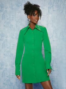 SHEINNeu Solid Button Front Shirt Dress - Green - View 5