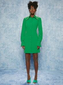 SHEINNeu Solid Button Front Shirt Dress - Green - View 1